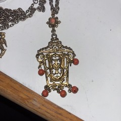 Vintage Victorian Revival Griffin Pendant Dbl Necklace Gothic Heraldic Gold Tone