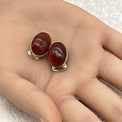 Vintage Swoboda Earrings Red Stone Cabochon Gold Tone .75″