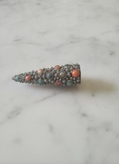 Antique 1930s Chinese Silver Filigree Nail Guard Brooch Turquoise Coral Art Deco
