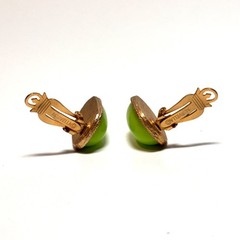 MARVELLA earrings lime green cabochon block ovals goldtone metal clip on vintage