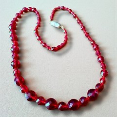 Czech Glass Bead Necklace Red Vintage Faceted Graduated Statement Long 24 Inch