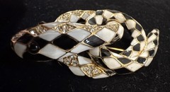 CINER FOR MMA Gold Tone Black White Enamel Coiled Snake Brooch White Rhinestones