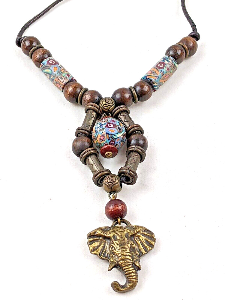 Elephant Pendant Necklace w Millefiori African Trade Beads Wood & Metal Beads
