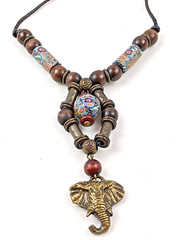 Elephant Pendant Necklace w Millefiori African Trade Beads Wood & Metal Beads