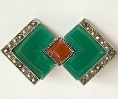 Vintage 1928 3 piece LOT RARE Art Deco Silver marcasite green jade orange glass