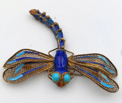 Vtg Chinese Export Silver Filigree Enamel Dragonfly Brooch Pin Turquoise Eyes
