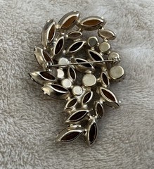 Vintage Brooch Amber Tones Navette AB Rhinestone Pin Layered Leaf Design 2.5 in.