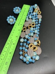 Vintage Freirich Blue White Green Pink Art glass Goldtone 62” necklace earring