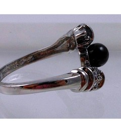 Vintage 90s Black Onyx Bead Bypass Ring 925 Sterling Silver CZ Size 8 15mm Wide