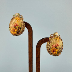 Vintage West Germany Clip On Earrings Gold Tone Filigree Floral Decal Rhinestone
