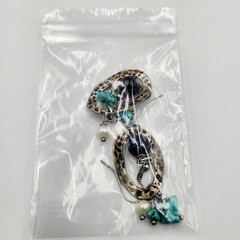 Vintage Antique Boho Silver Turquoise Pearl Beaded Stone Hammered Earrings Pair