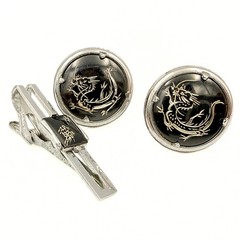 Vintage Swank Dragon Etched Silver Plate Black Enamel Cufflinks Tie Bar Set