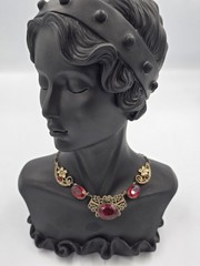 Antique Brass Filigree Necklace Red Glass Stones Art Deco Nouveau Style