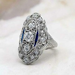 Art Deco Style Lab-Created Diamond & Sapphire Engagement Ring 14K White Gold FN