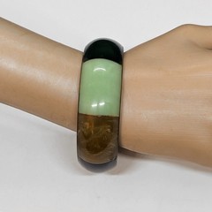 Vintage Chunky Brass Bangle Bracelet Color Block Resin Inlay Green Blue Brown