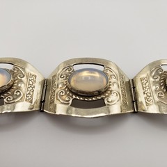 VTG Alpaca Silvertone Bracelet White Glass Cabochons Wide Links Made In Mexico