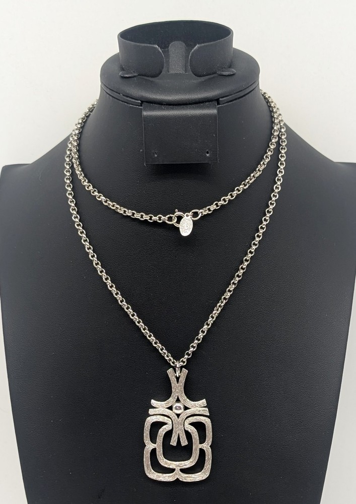 Vintage ROGET Brushed Silver Tone MCM Necklace Pendant 29 in