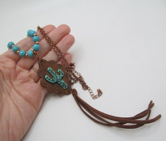 Vintage Natural Leather Howlite Stone Cactus Rose Gold Tone Long Necklace