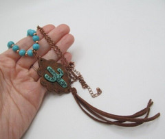Vintage Natural Leather Howlite Stone Cactus Rose Gold Tone Long Necklace
