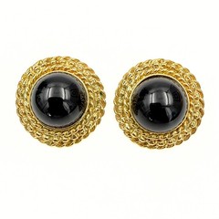 Vintage Black Glass Cabochon Rope Border Gold Plated Clip On Button Earrings