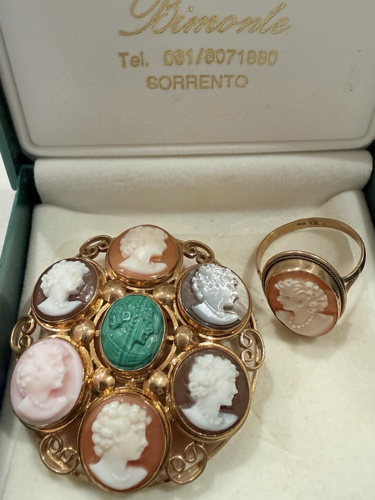 Bimonte Sorrento Vintage Shell Cameo Cluster Brooch Pendant + Matching Ring Gold