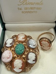 Bimonte Sorrento Vintage Shell Cameo Cluster Brooch Pendant + Matching Ring Gold