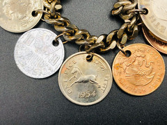 Vintage 15 RARE 1950’s Coin Charm Bracelet South Africa, India, Osterreich, Mex
