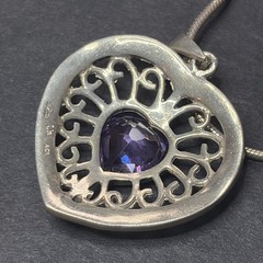 Vintage Sterling Silver Amethyst Heart Necklace Signed AGI 925 22”