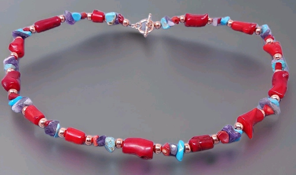 Vintage Red Coral Mulit Gemstone Solid Copper Beaded Necklace 20″