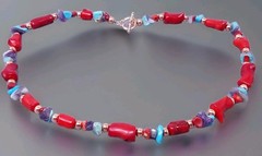 Vintage Red Coral Mulit Gemstone Solid Copper Beaded Necklace 20″