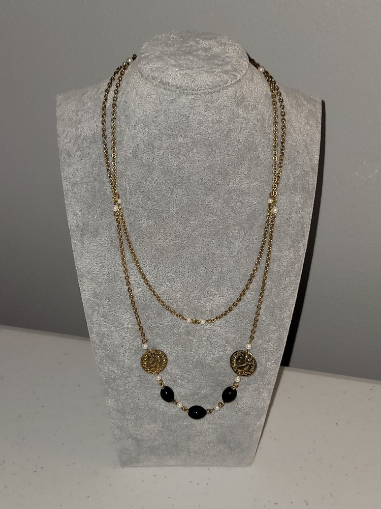 Vintage c1980 Gold-Tone Coin & Black Beaded Faux Pearl Station Chain Necklace