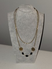 Vintage c1980 Gold-Tone Coin & Black Beaded Faux Pearl Station Chain Necklace
