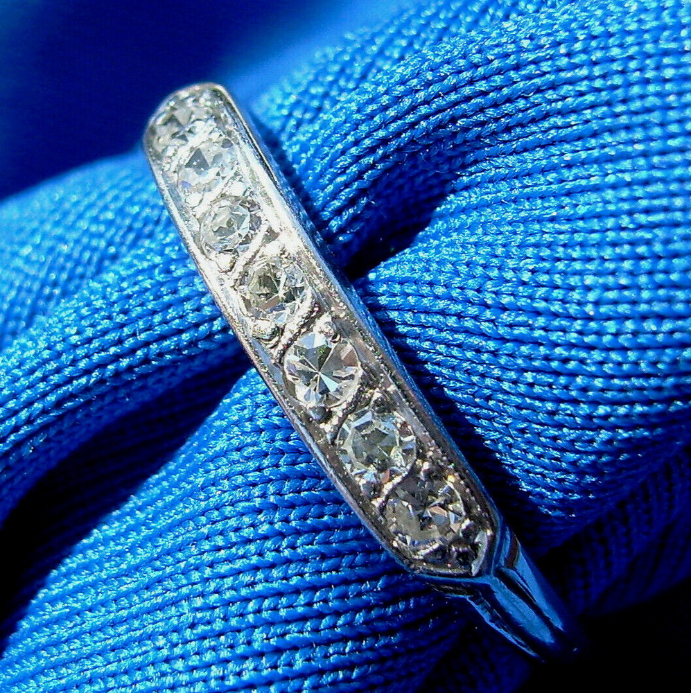 Original EARTH MINED DIAMOND Deco Wedding Band 14K WHITE GOLD Antique Slim Ring