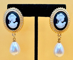 Gold Tone & Faux Pearls Pierced Dangle Cameo Earrings Contemporary