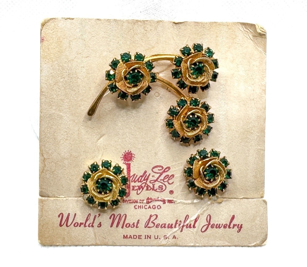 Vintage Judy Lee Jewels Green Gold Earrings & Matching Brooch On Original Tag
