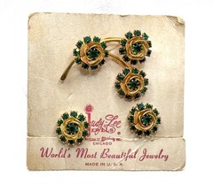 Vintage Judy Lee Jewels Green Gold Earrings & Matching Brooch On Original Tag