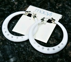 Macy’s Earrings White Acrylic Hoop Crystal accent 80’s style Vintage 2.5 in