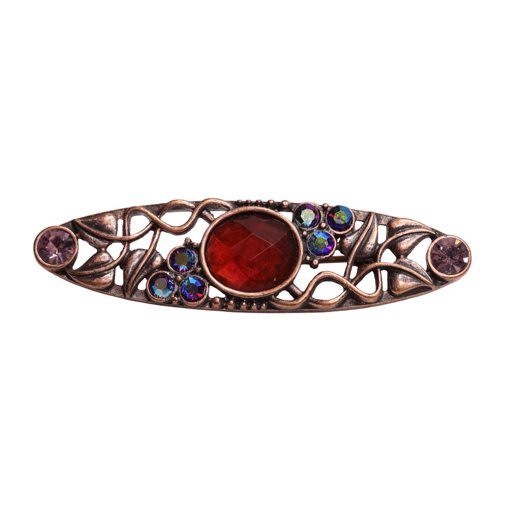 Red Blue Rhinestone Copper Look Brooch With Safety Clasp Closure – 2 Inches