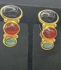 Egyptian Style Carved Scarab Weingeroff Glass/stone Half Hoop Drop Earrings