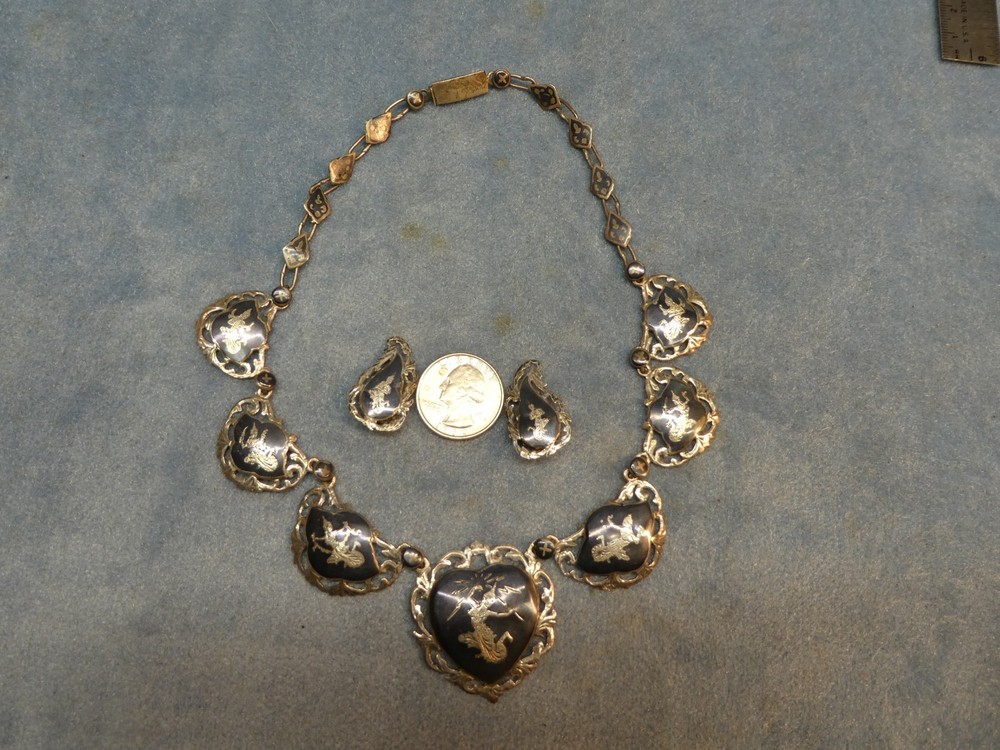 Siam Temple Dancers Necklace Sterling Silver Niello + Clip Earrings