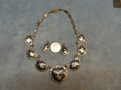 Siam Temple Dancers Necklace Sterling Silver Niello + Clip Earrings