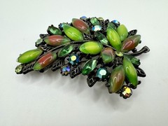 Vintage Arthur Pepper ART Green Givre Glass Cabochons AB Rhinestones Leaf Brooch