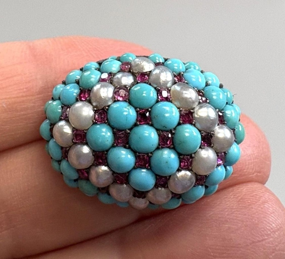 Antique Genuine Turquoise Pearl Ruby Gold or Filled Vintage Dome Oval Brooch Pin