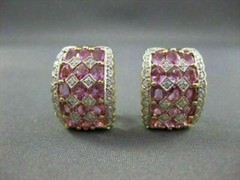 WIDE 2.90CTW PINK SAPPHIRE DIAMOND 18KT WHITE & YELLOW GOLD EARRINGS #21752