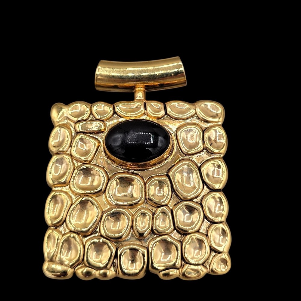Square Shaped Pendant Textured Nuggets Black Bead Center Signed Best Vtg 1990s