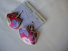 VINTAGE SAMUEL HUANG CLOISONNE BUTTERFLY FLORAL FAN PINK PURPLE & RED EARRINGS