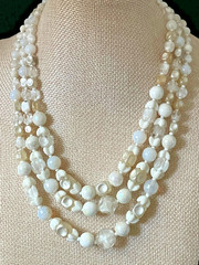Vintage White Glass Beaded Necklace Bracelet Set Opalescent MCM Bridal
