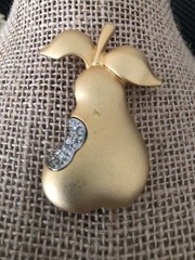 Vintage Gold Tone Tona Rhinestone Pear Bite Brooch Pin Matte Fruit Brushed