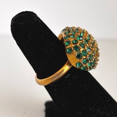 Vintage Cocktail Ring Gold Tone Emerald Green Rhinestone Pave Dome Adjustable