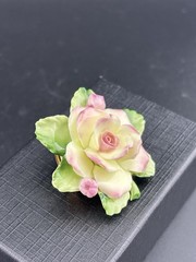 Painted Porcelain Pink Flower Green Leaves Cottage Core VTG 3D Floral Brooch